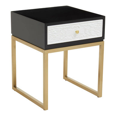 Black and White 1 Drawer Warm Metallic Finish Side Table with Gold Knob Handle | Dumas
