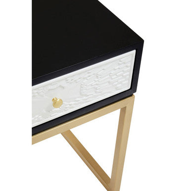Black and White 1 Drawer Warm Metallic Finish Side Table with Gold Knob Handle | Dumas