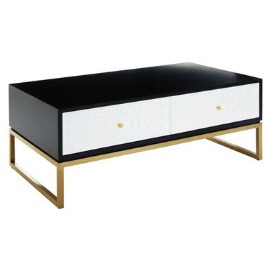 Black and White 4 Drawer Warm Metallic Finish Coffee Table with Gold Knob Handle | Dumas