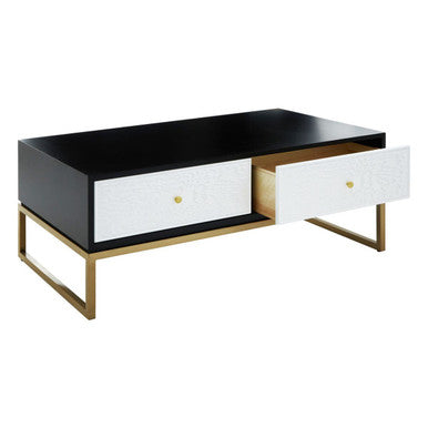 Black and White 4 Drawer Warm Metallic Finish Coffee Table with Gold Knob Handle | Dumas