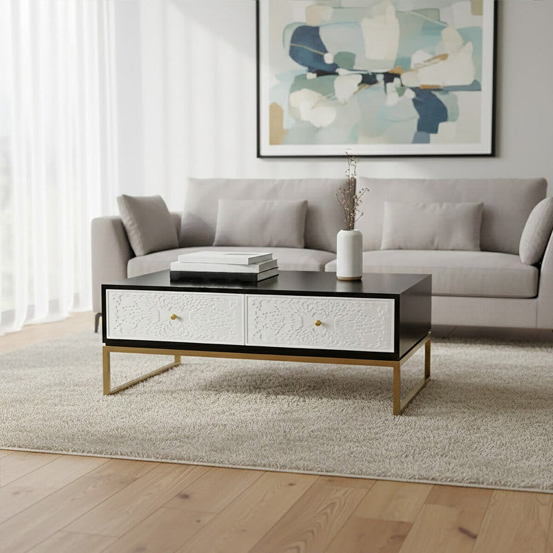 Black and White 4 Drawer Warm Metallic Finish Coffee Table with Gold Knob Handle | Dumas