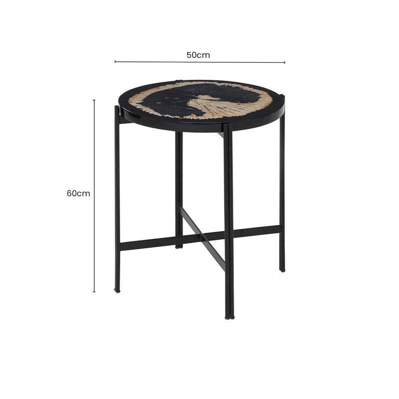 Black Petrified Wood Top Side Table with Cross-Base Legs, Relic