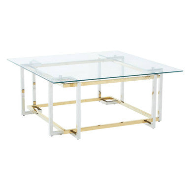 Clear Tempered Glass Top Coffee Table with Silver and Gold Stainless Steel Base | Elino