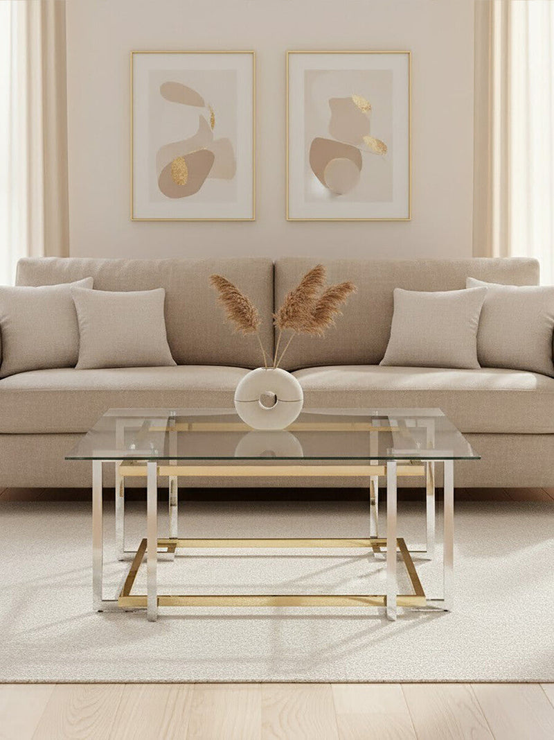 Clear Tempered Glass Top Coffee Table with Silver and Gold Stainless Steel Base | Elino