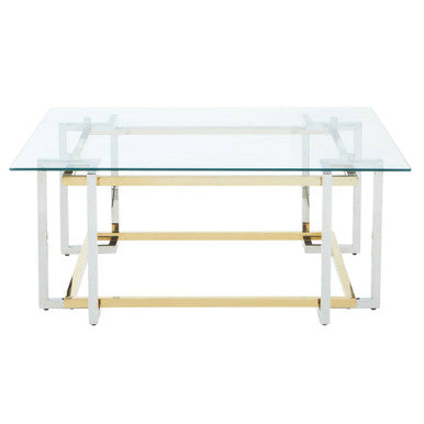 Clear Tempered Glass Top Coffee Table with Silver and Gold Stainless Steel Base | Elino