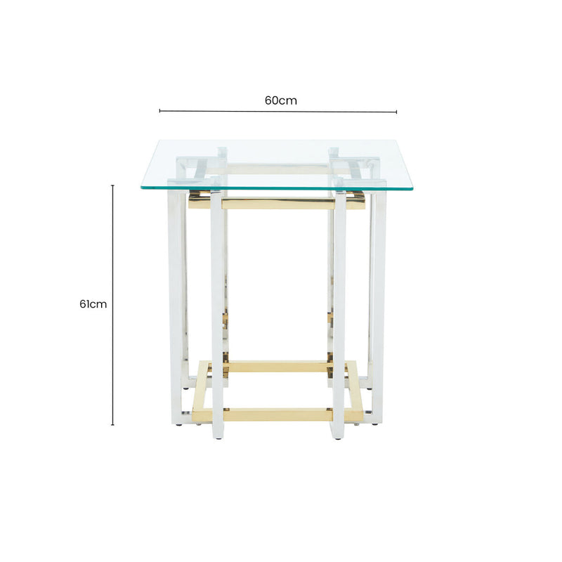 Clear Tempered Glass Top Side Table with Silver and Gold Stainless Steel Base | Elino