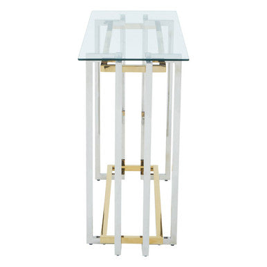 Clear Tempered Glass Top Console Table with Silver and Gold Stainless Steel Base | Elino