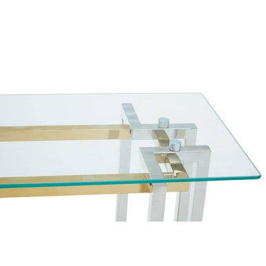 Clear Tempered Glass Top Console Table with Silver and Gold Stainless Steel Base | Elino