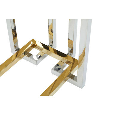 Clear Tempered Glass Top Console Table with Silver and Gold Stainless Steel Base | Elino