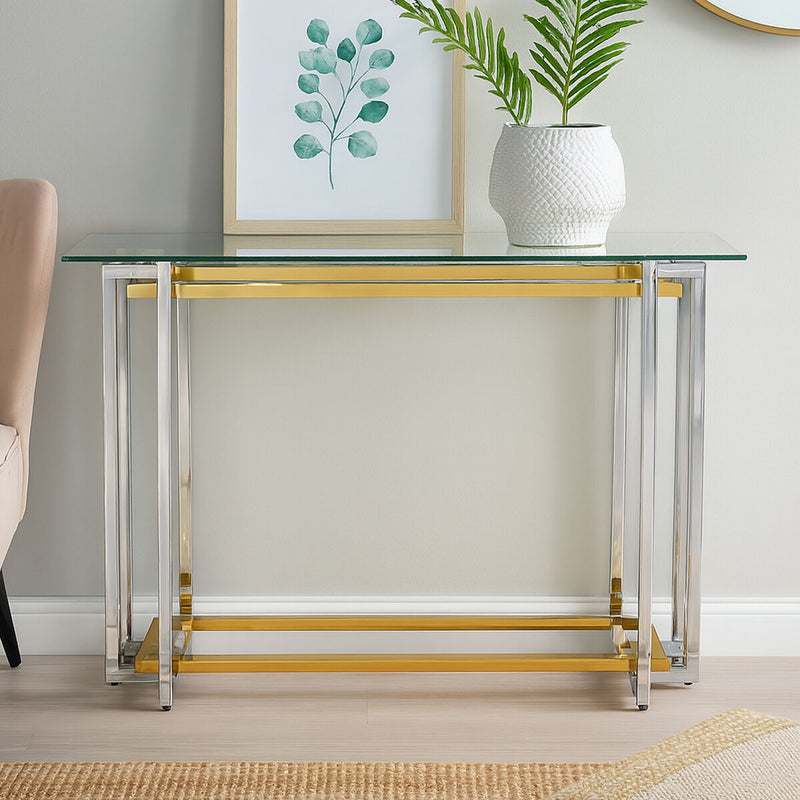 Clear Tempered Glass Top Console Table with Silver and Gold Stainless Steel Base | Elino