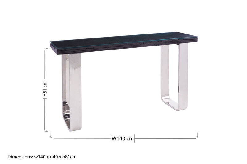 Black Wood and Clear Glass Top Console Table with Silver U-Shaped Metal Legs, Kerala