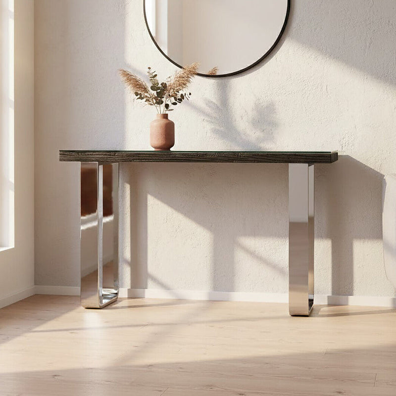 Black Wood and Clear Glass Top Console Table with Silver U-Shaped Metal Legs, Kerala