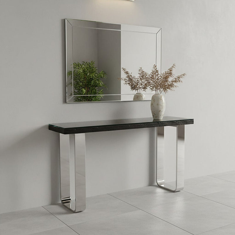 Black Wood and Clear Glass Top Console Table with Silver U-Shaped Metal Legs, Kerala