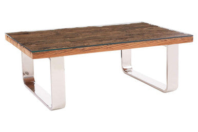 Natural Wood and Clear Glass Top Coffee Table with Silver U-Shaped Metal Legs, Kerala