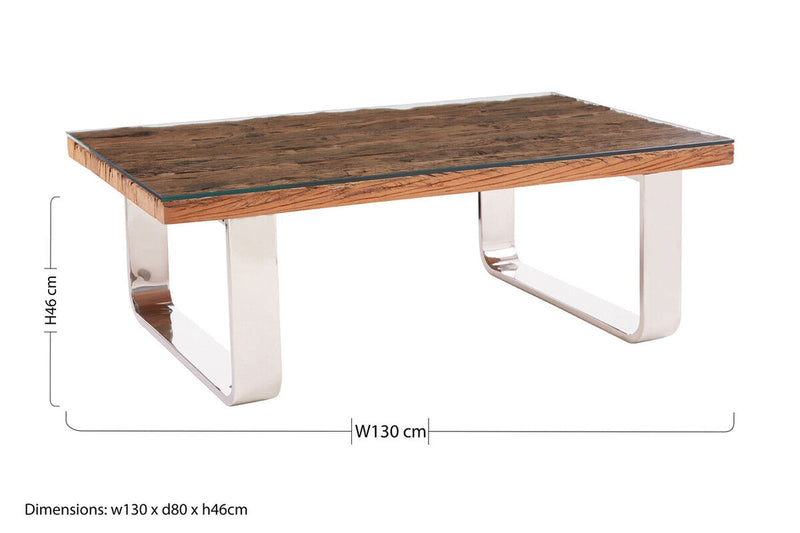 Natural Wood and Clear Glass Top Coffee Table with Silver U-Shaped Metal Legs, Kerala