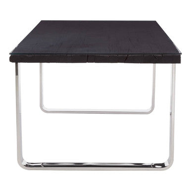 Large Black Pinewood and Clear Glass Top Dining Table with Silver U-Shaped Metal Legs, Kerala