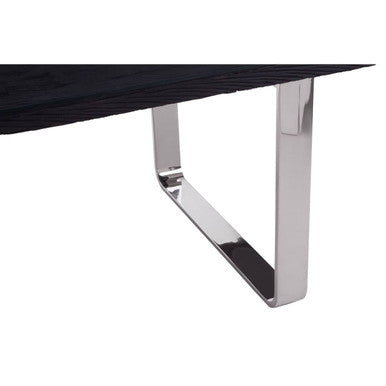 Large Black Pinewood and Clear Glass Top Dining Table with Silver U-Shaped Metal Legs, Kerala
