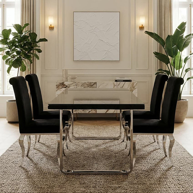 Large Black Pinewood and Clear Glass Top Dining Table with Silver U-Shaped Metal Legs, Kerala