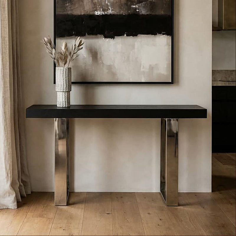 Natural Elm Wood Console Table with Silver Finish Frame | Ulmus