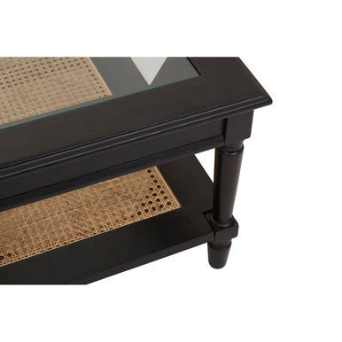 Black Finish Clear Glass Top Coffee Table with Natural Rattan Woven Shelf | Corso