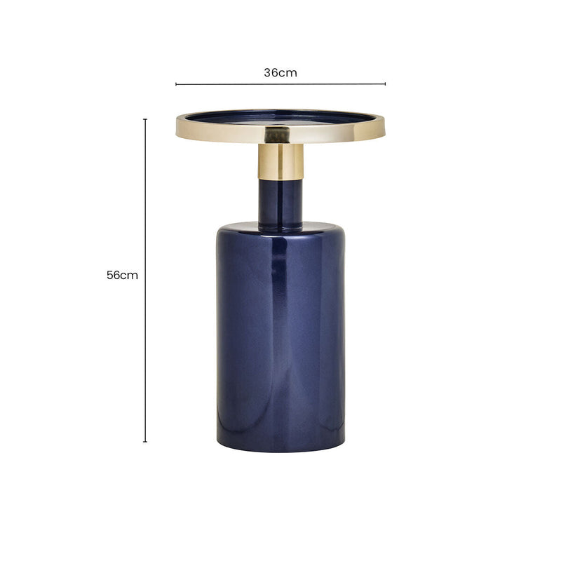 Gold and Navy Art Deco Pillar Metal Side Table with Base | Elva