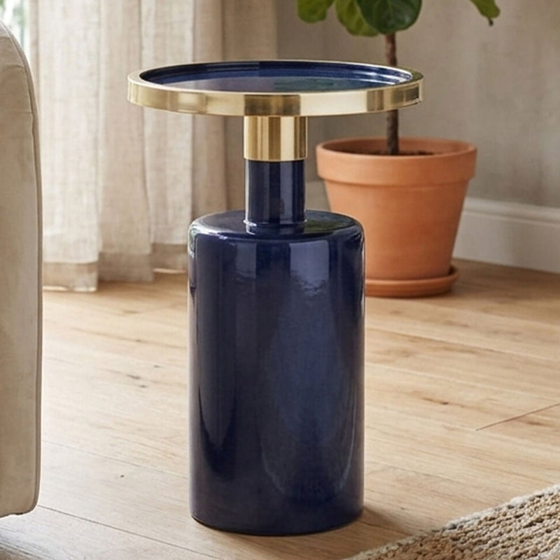 Gold and Navy Art Deco Pillar Metal Side Table with Base | Elva