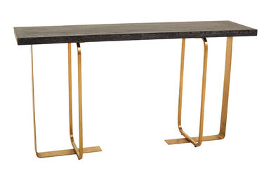 Black and Grey Rectangular Console Table with Brushed Gold Angular Base | Lena
