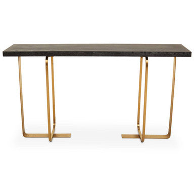 Black and Grey Rectangular Console Table with Brushed Gold Angular Base | Lena