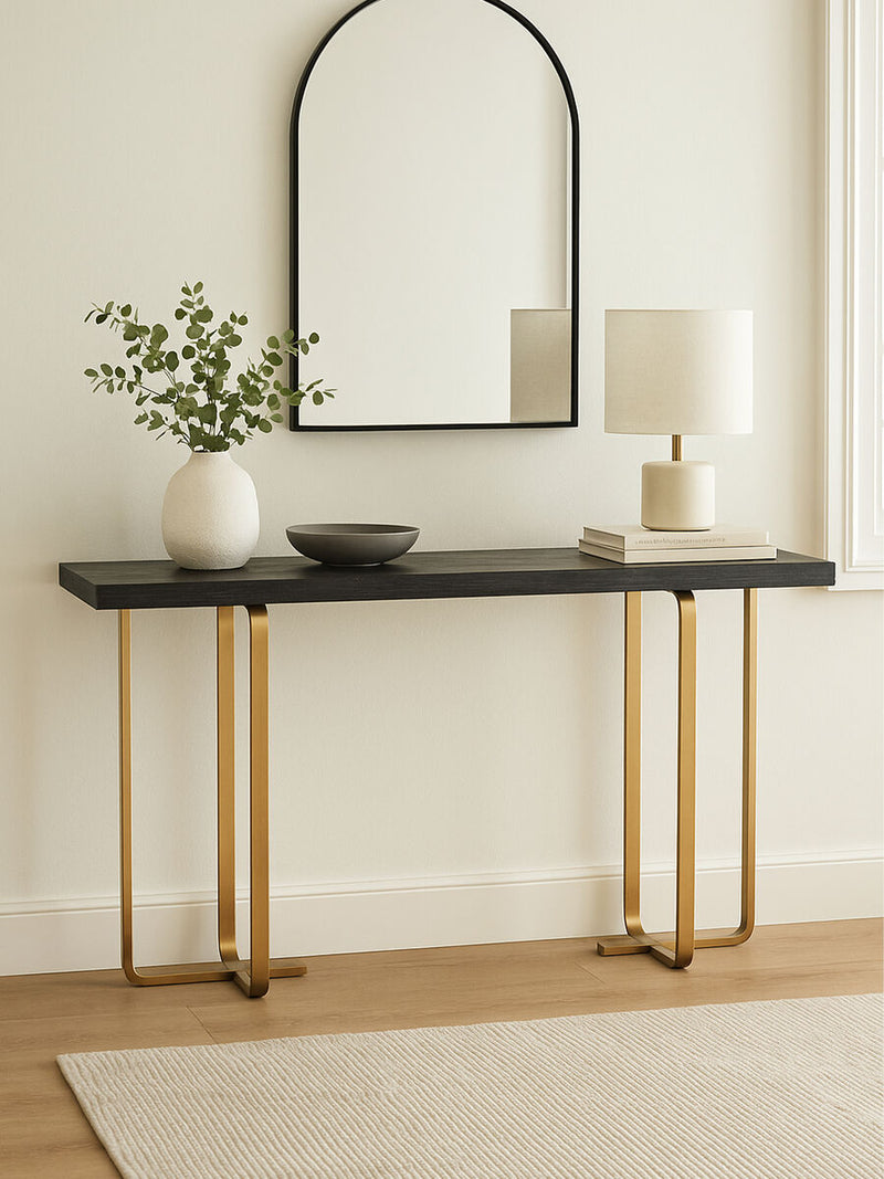 Black and Grey Rectangular Console Table with Brushed Gold Angular Base | Lena
