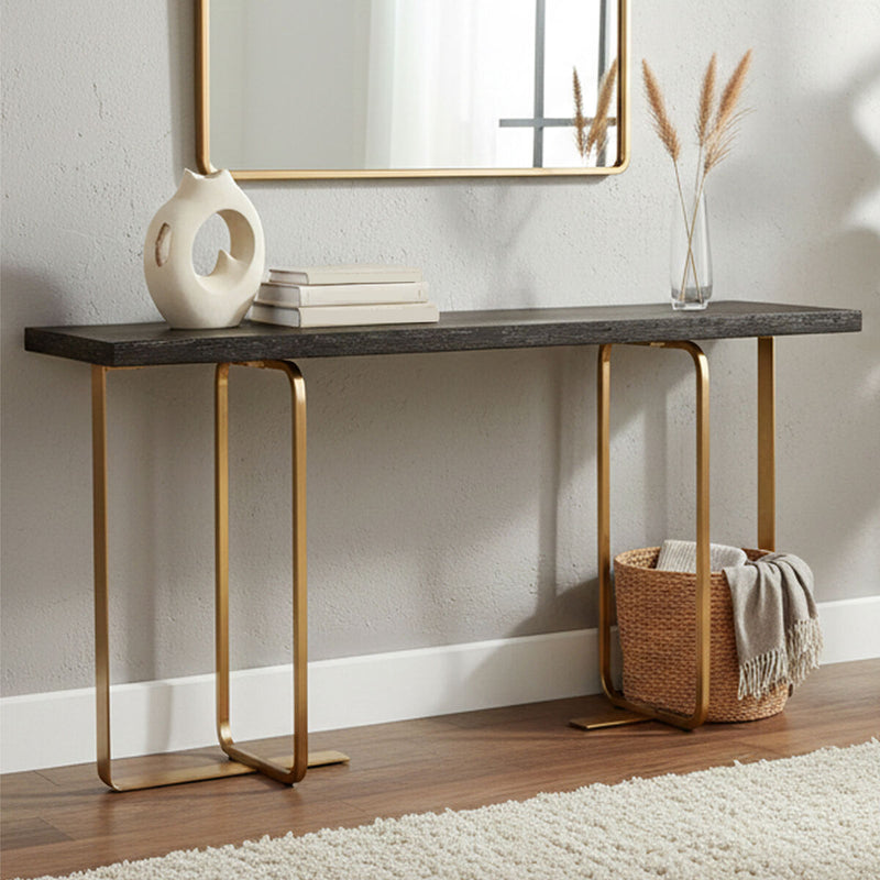 Black and Grey Rectangular Console Table with Brushed Gold Angular Base | Lena