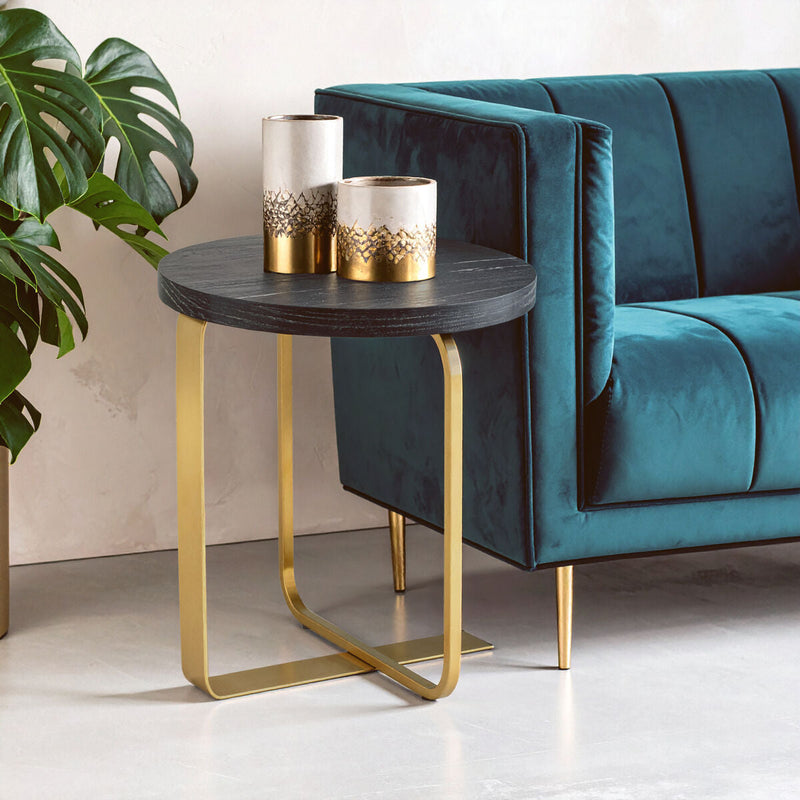 Oak Veneer Round Side Table with Gold Warm Metallic Frame | Lena