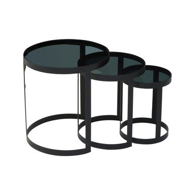 Set of 3 Black Glass Top and Metallic Base Nesting Tables | Corra