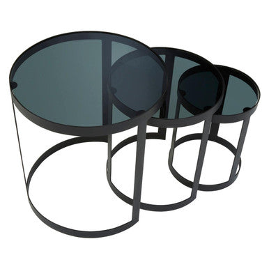 Set of 3 Black Glass Top and Metallic Base Nesting Tables | Corra