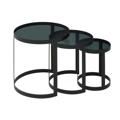 Set of 3 Black Glass Top and Metallic Base Nesting Tables | Corra