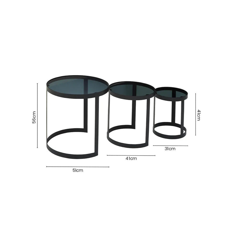 Set of 3 Black Glass Top and Metallic Base Nesting Tables | Corra