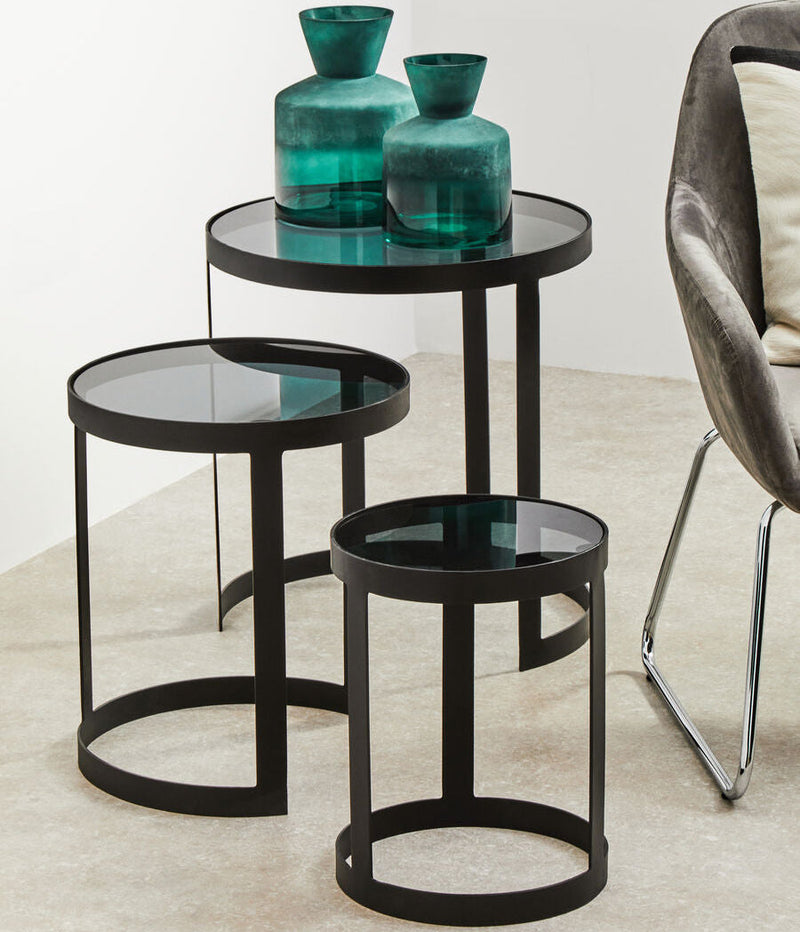 Set of 3 Black Glass Top and Metallic Base Nesting Tables | Corra