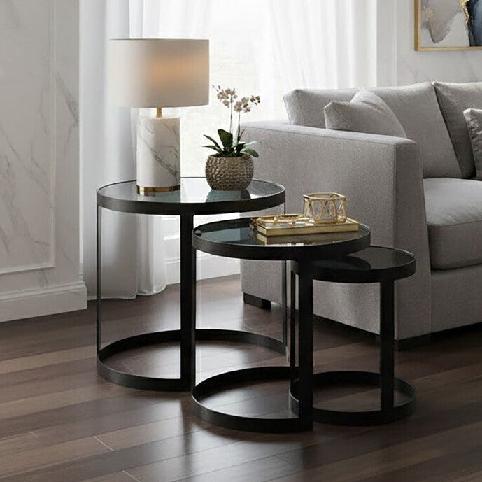 Set of 3 Black Glass Top and Metallic Base Nesting Tables | Corra