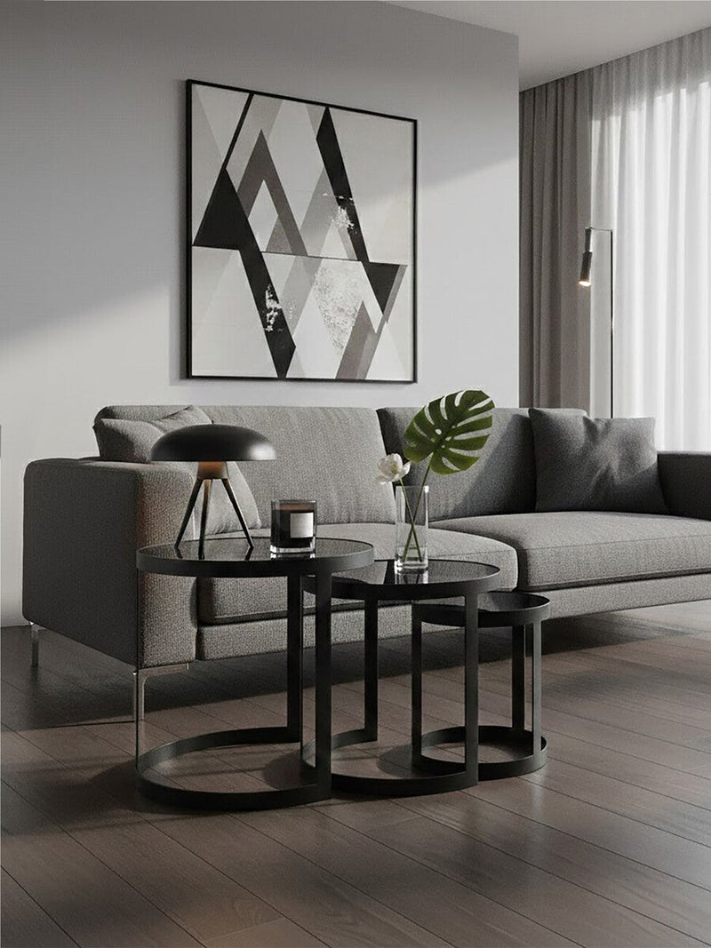 Set of 3 Black Glass Top and Metallic Base Nesting Tables | Corra