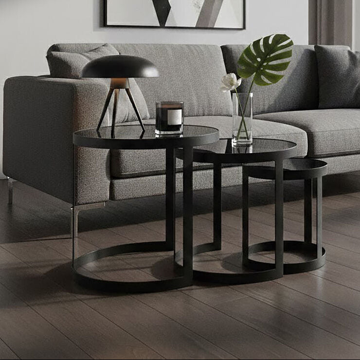 Set of 3 Black Glass Top and Metallic Base Nesting Tables | Corra