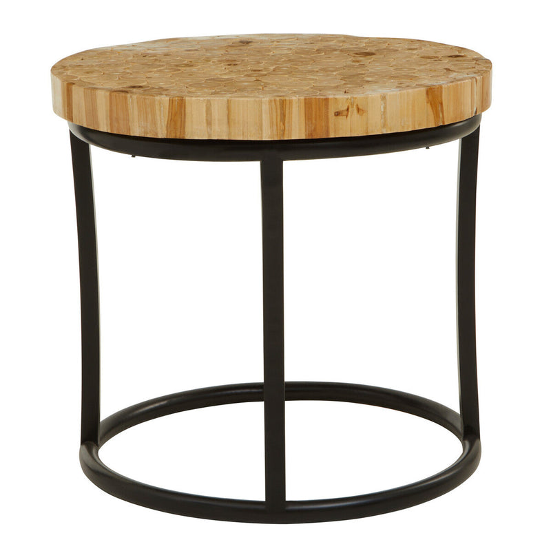 Teak Wood Mosaic Round Top Coffee Table with Black Iron Frame | Malang