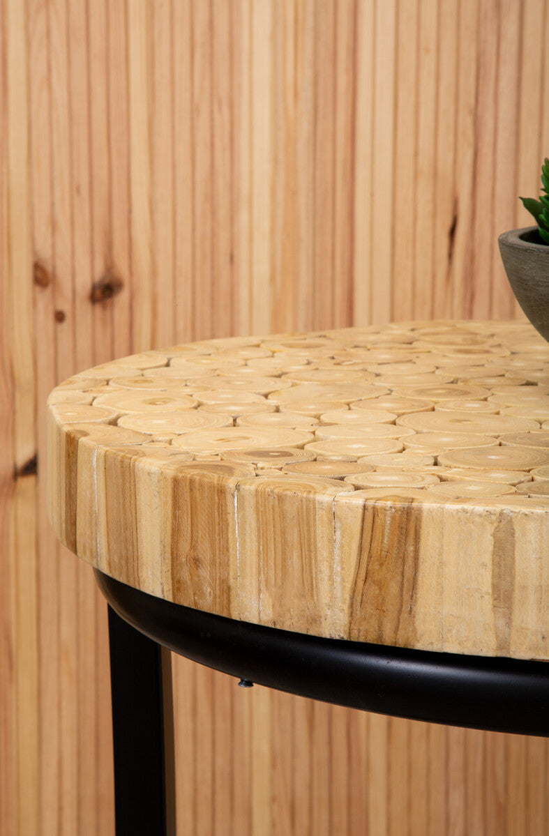 Teak Wood Mosaic Round Top Coffee Table with Black Iron Frame | Malang