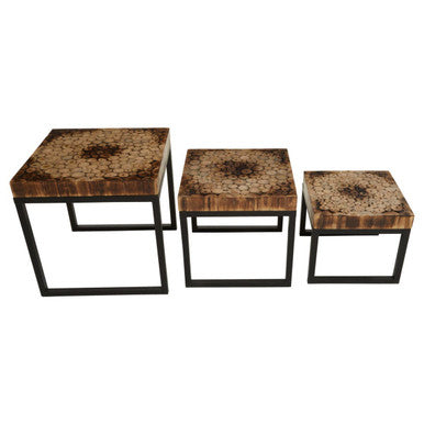 Set of 3 Rustic Teakwood Top Nesting Tables with Black Metallic Bases | Malang