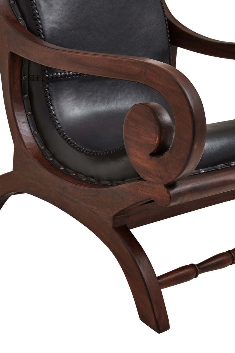 Genuine Black Leather and Teak Lounge Chair with Footstool | Inca