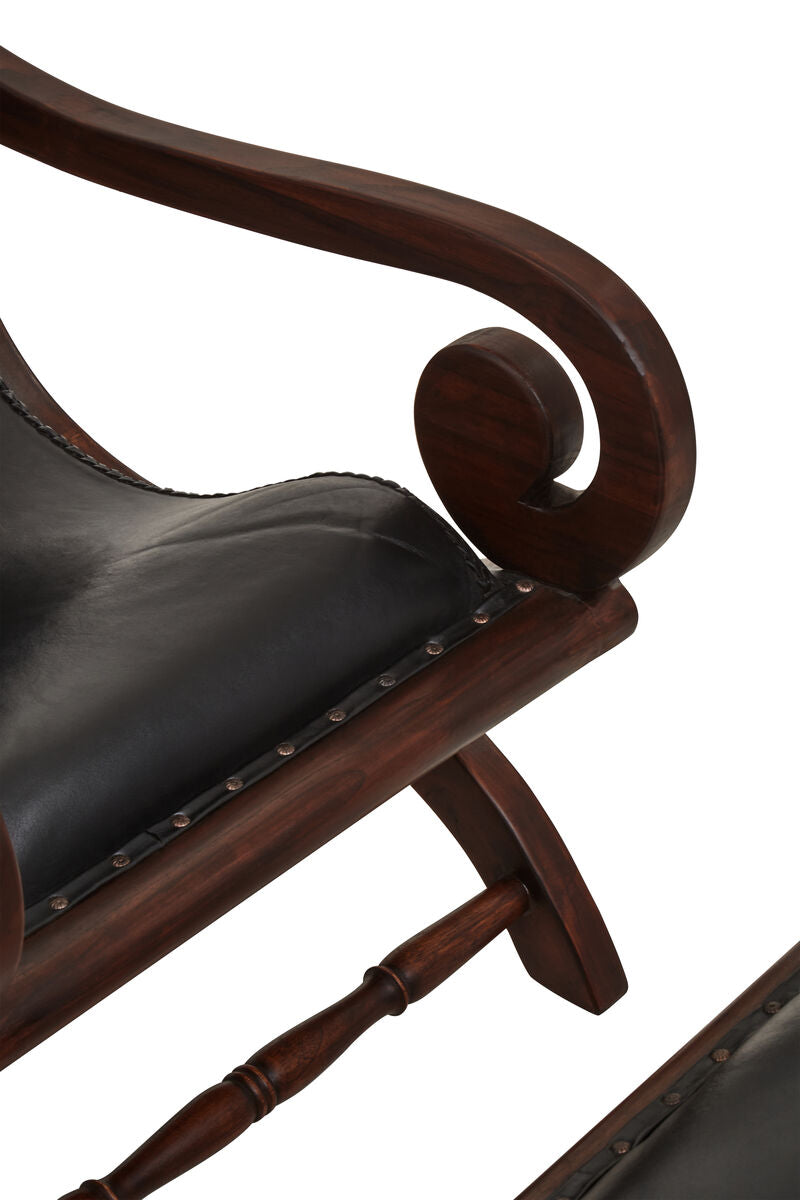 Genuine Black Leather and Teak Lounge Chair with Footstool | Inca
