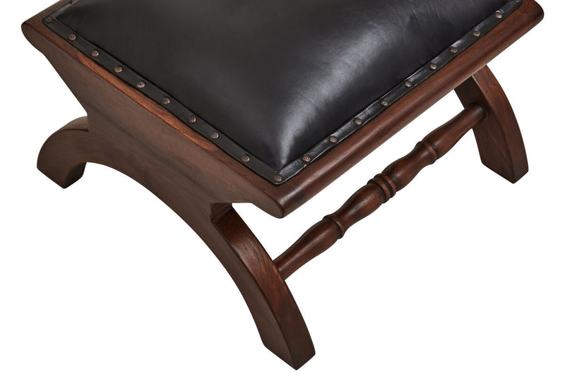 Genuine Black Leather and Teak Lounge Chair with Footstool | Inca