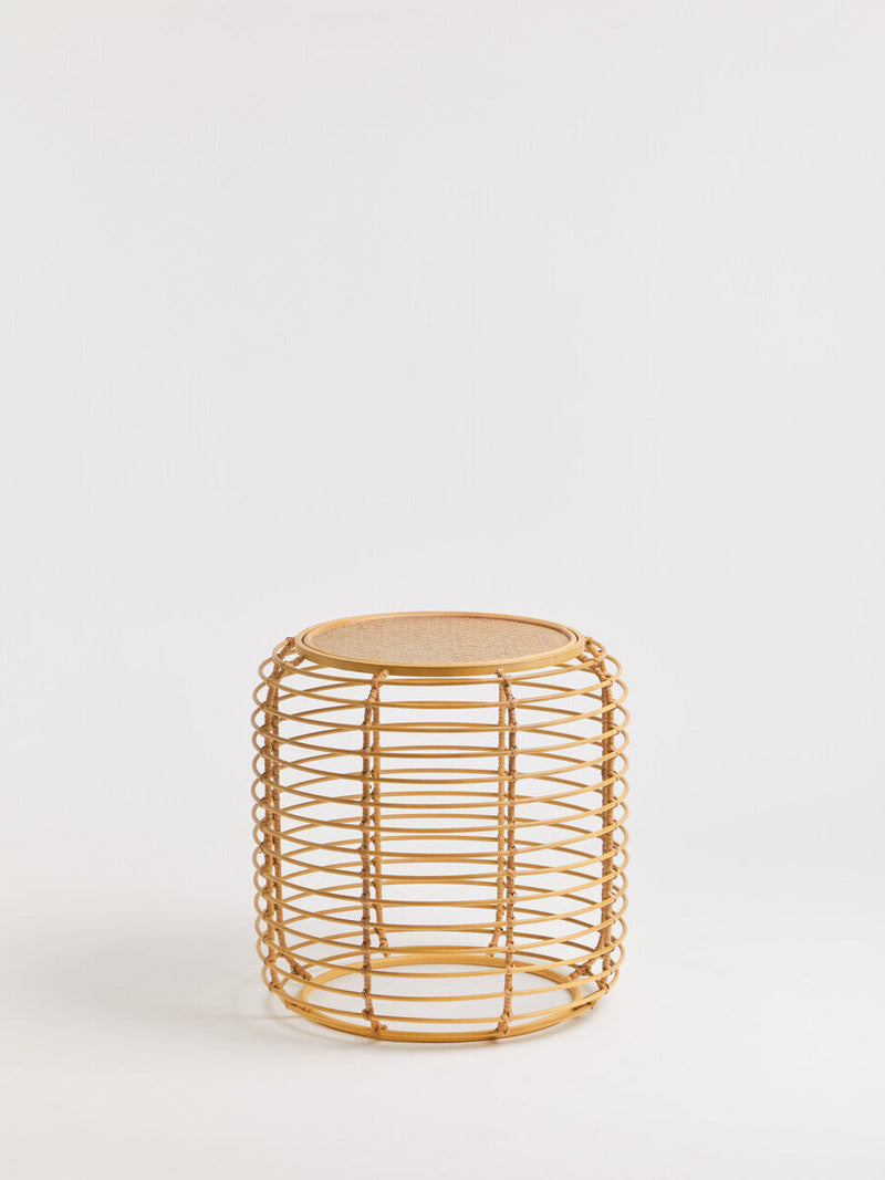 Natural Round Hand Woven Rattan Top Side Table with Gold Finish Cage Base | Trento