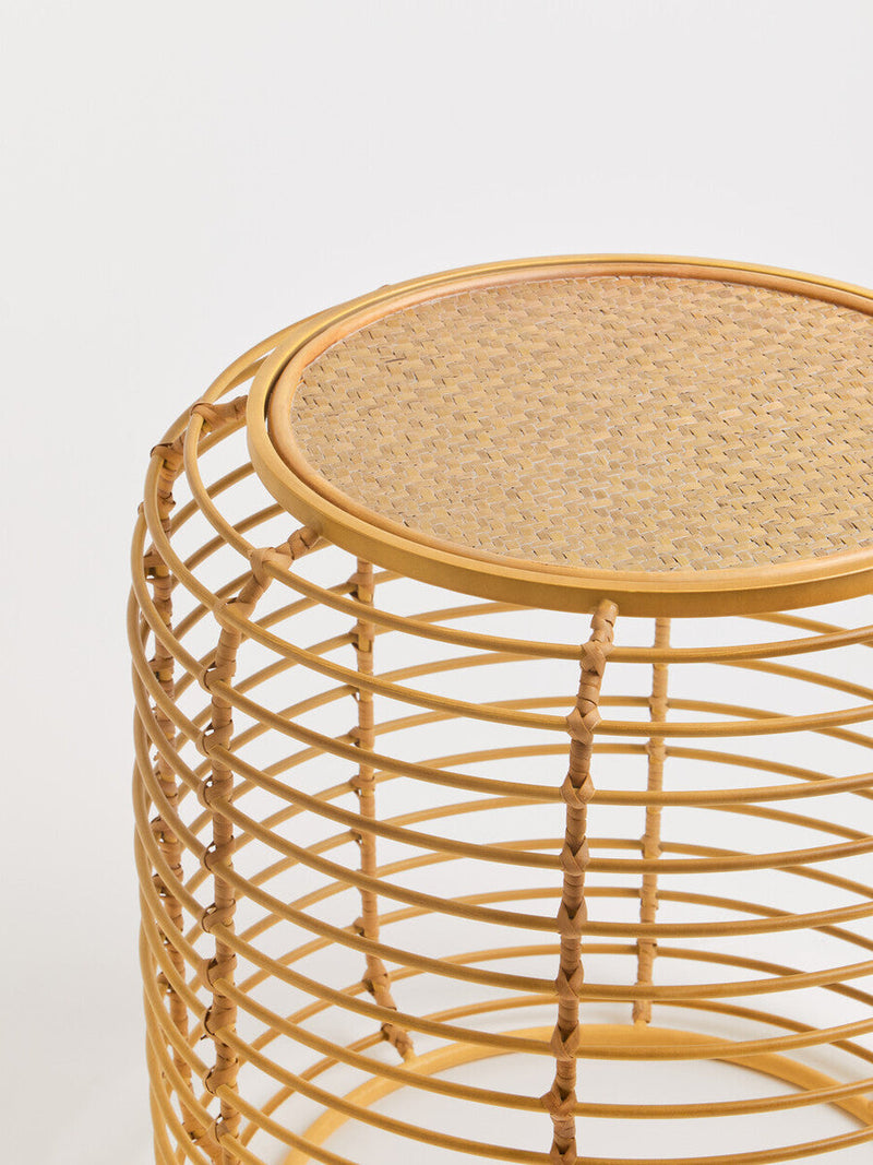 Natural Round Hand Woven Rattan Top Side Table with Gold Finish Cage Base | Trento
