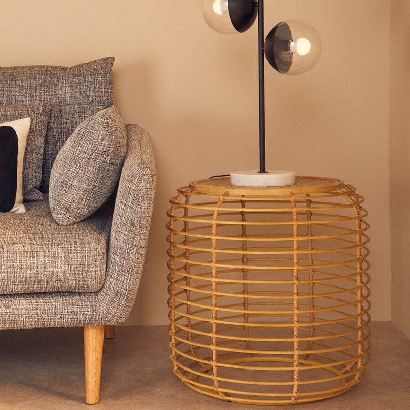 Natural Round Hand Woven Rattan Top Side Table with Gold Finish Cage Base | Trento