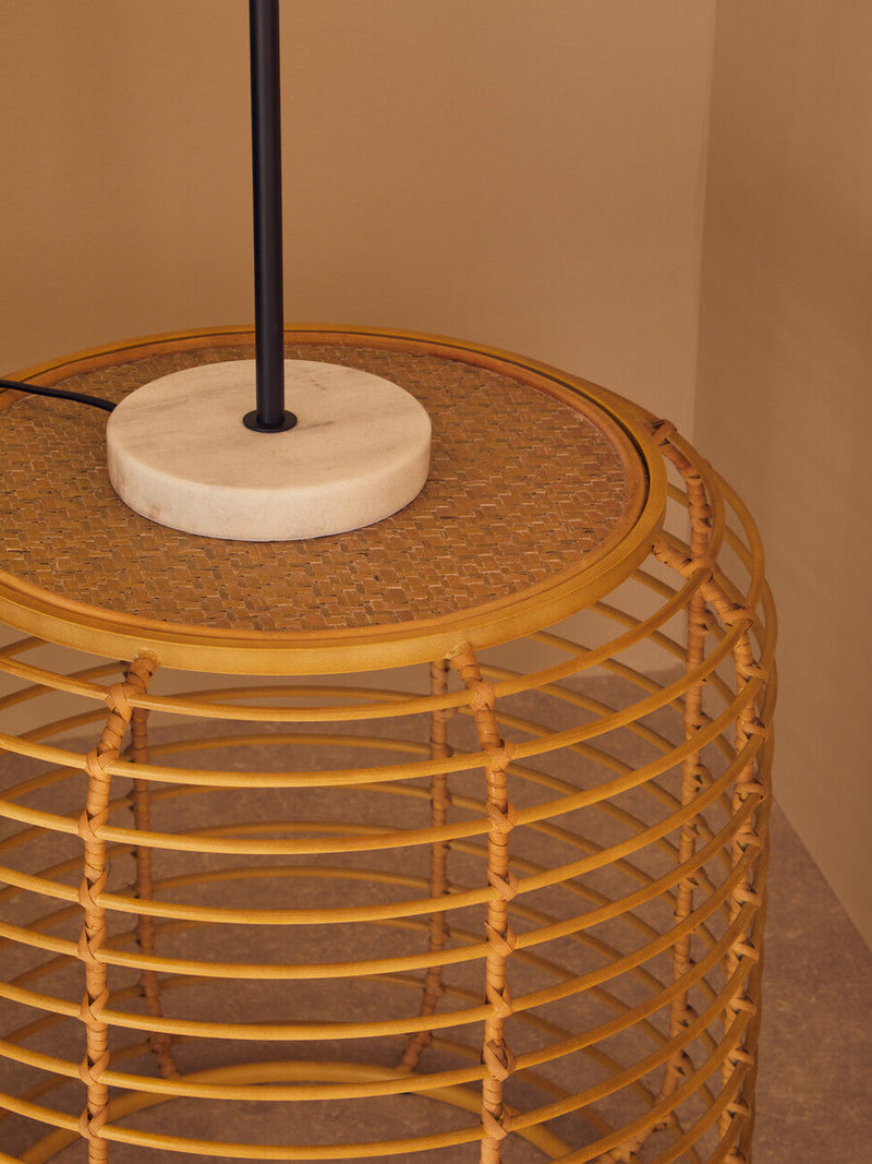 Natural Round Hand Woven Rattan Top Side Table with Gold Finish Cage Base | Trento