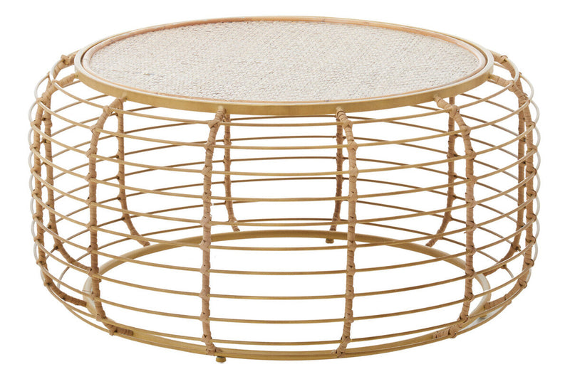 Natural Round Hand Woven Rattan Top Coffee Table with Gold Finish Cage Base | Trento